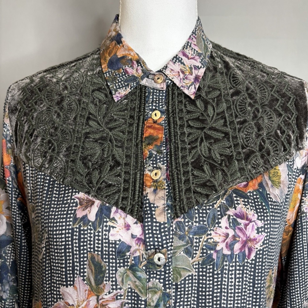 Johnny Was Silk Blend Top S Green Purple Floral Velvet Whimsigoth Boho Shirt - Picture 6 of 13